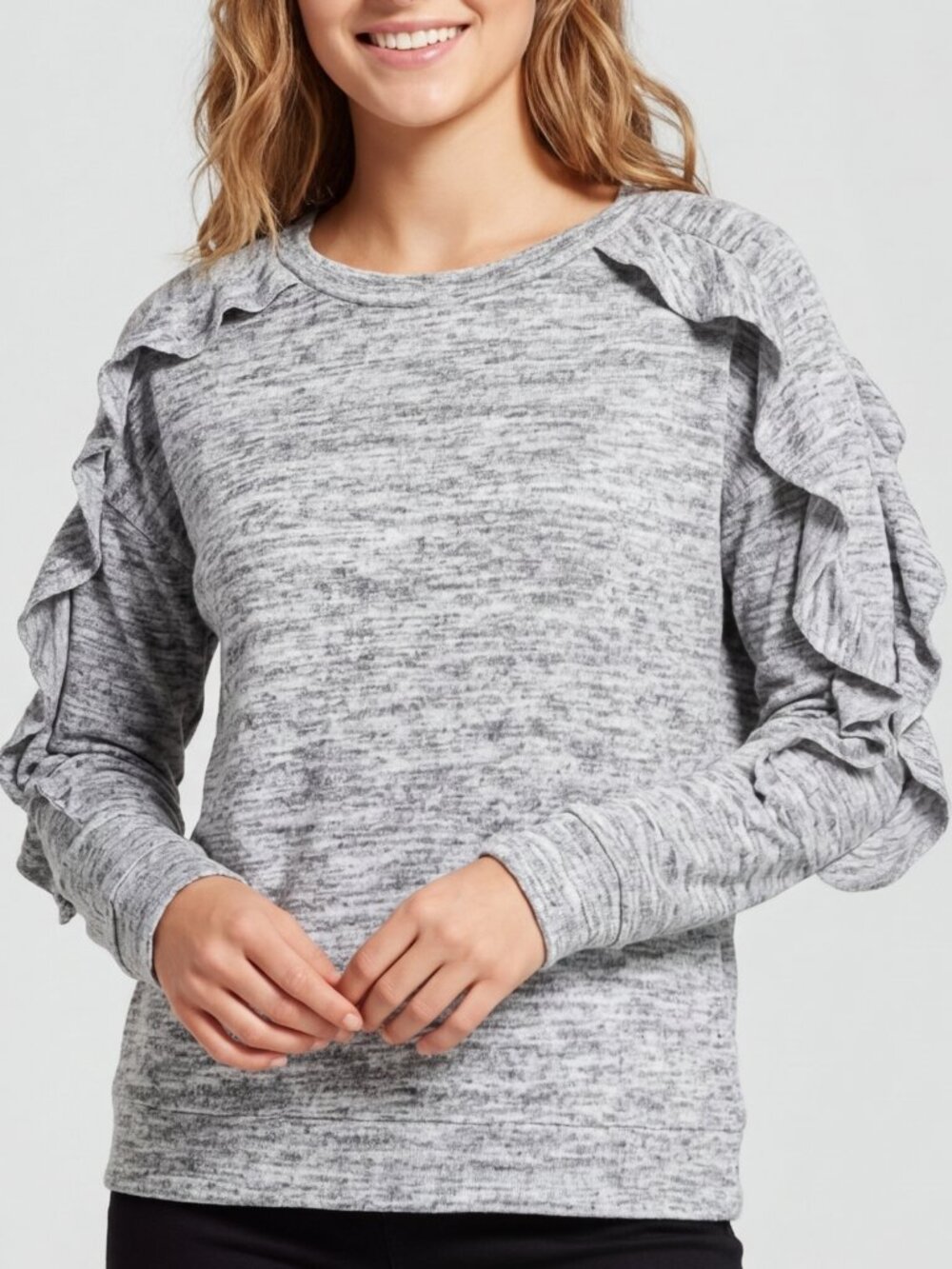 Womens Long Sleeve Ruffled Sweatshirt, Light Heather Grey Valerie Stevens XL Top